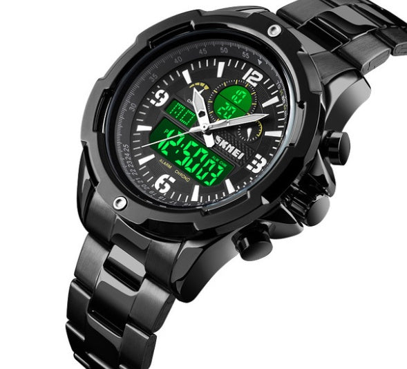Sports steel band luminous dual display watcH
