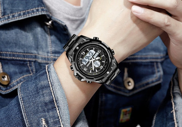 Sports steel band luminous dual display watcH